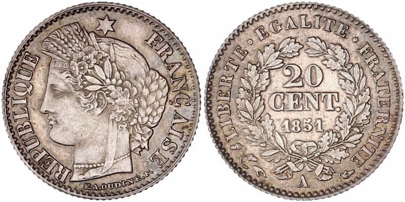 IIeme République (1848 - 1852) 20 Centimes Cérès,
1851 A (Paris) - Argent
A/ RÉP...