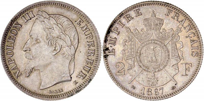 Napoléon III (1852 - 1870) 2 Francs tête laurée,
1867 K (Bordeaux) - Argent
A/ N...