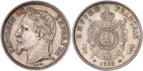 Napoléon III (1852 - 1870) 1 Franc tête laurée,
1868 A (Paris) - Argent
A/ NAPOLEON III EMPEREUR
R/ EMPIRE FRANÇAIS 1868
Reference: Gad.463 - F.215
5,...