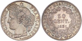 IIIème République (1870 - 1940) 50 Centimes Cérès,
1881 A (Paris) - Argent
A/ REPUBLIQUE FRANCAISE
R/ LIBERTE EGALITE FRATERNITE - 50 CENT 1881 A
Refe...