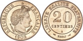 IIIème République (1870 - 1940) ESSAI de 20 Centimes Merley, 
1902 A (Paris) - Maillechort
A/ REPUBLIQUE FRANÇAISE 1902
R/ LIBERTE EGALITE FRATERNITE ...
