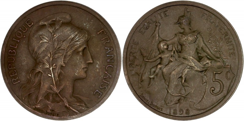 IIIème République (1870 - 1940) 5 Centimes Dupuis flan mat,
1898 - Bronze 
A/ RE...