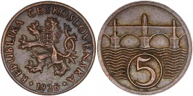 Czech - Republic (1918-1992) - 5 Haleru
1926 - Copper
A/ REPUBLIKA CESKOSLOVENSKA 1926
R/ 5
Reference : KM.6
1,65 grs - 16,18mm - TTB