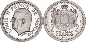 Louis II (1922-1949) - 2 Francs,
ND (1943) - Aluminium
A/ LOUIS II PRINCE DE MONACO
R/ 1 FRANC - ESSAI
�Reference : G. MC133
2,21 grs - 27,00 mm - FDC...