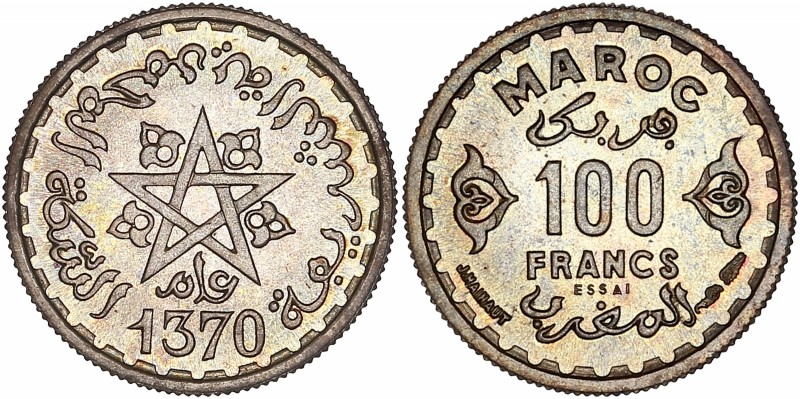 French Protectorate - 100 Francs,
AH 1370 (1951) - Silver
A/ 1370
R/ MAROC - 100...