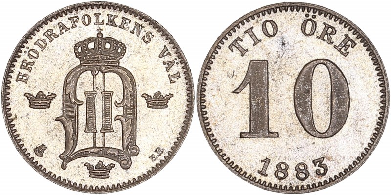 Oscar II (1872-1907) - 10 Ore,
1883 E.B - Silver
A/ BRÖDRAFOLKENS VÄL
R/ TIO ÖRE...