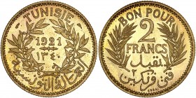 Naceur Bey (1906-1922) - Essai de2 Francs,
1921 (Paris) - Bronze-alu
A/ BON POUR 2 FRANCS // ESSAI 
R/ TUNISIE 1921 
Reference : Lec.291
8,20 grs - 25...