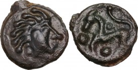Celtic World. Northwest Gaul, Aulerci Eburovices. Potin Unit. Circa 100-50 BC. Obv. Stylized head right. Rev. Stylized horse left; pellets around. Dep...