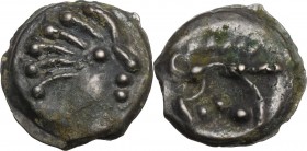 Celtic World. Northwest Gaul, Senones. Potin Unit. Circa 100-50 BC. Obv. Stylized head right. Rev. Stylized Boar right; three pellets below. Depeyrot,...