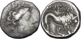 Celtic World. Southern Gaul, Insubres. AR Tetrobol, 2nd century BC. Imitating Massalia. Obv. Female head right. Rev. Lion right; ΜAΣΣΑ above. CCCBM 18...
