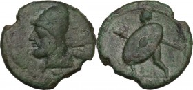 Greek Italy. North-eastern Italy, Ariminum. AE Obol or Quartuncia, 268-240 BC. Obv. Head of Vulcan left, wearing pileus. Rev. Warrior advancing left, ...