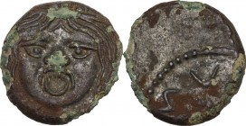 Greek Italy. Etruria, Populonia. Fourrèe 20-Asses, 3rd century BC. Obv. Facing head of Gorgoneion (Metus) with protruding tongue and long hanging hair...