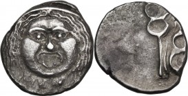 Etruria. Etruria, Populonia. AR 20-Asses, after c. 211 BC. Obv. Facing head of Gorgoneion (Metus) with protruding tongue and long hanging hair bound b...
