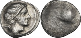Greek Italy. Etruria, Populonia. AR 5-Asses, 3rd century BC. Obv. Head of Turms right, wearing petasus; behind, V. Linear border. Rev. Blank, with rou...