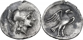 Greek Italy. Central Italy, Alba Fucens. AR Obol, c. 280-275 BC. Obv. Head of Minerva right, wearing crested Corinthian helmet. Rev. Eagle right on th...