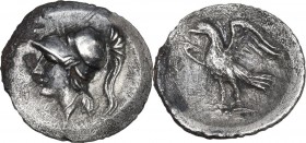 Greek Italy. Central Italy, Alba Fucens. AR Obol, 280-275 BC. Obv. Head of Minerva left, wearing crested Corinthian helmet. Rev. Eagle standing left o...