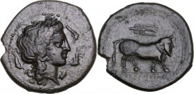 Greek Italy. Central and Southern Campania, Neapolis. AE 21mm. c. 300-275 BC. Obv. Laureate head of Apollo right; four dolphins around. Rev. Man-heade...