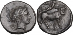 Greek Italy. Central and Southern Campania, Neapolis. AR Didrachm, c. 300-275 BC. Obv. Diademed head of Parthenope right, wearing pendant earring and ...