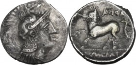 Greek Italy. Northern Apulia, Arpi. AR Diobol, c. 325-275 BC. Obv. Head of Athena right, wearing Attic helmet decorated with hippocamp. Rev. APΠA retr...