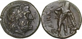 Greek Italy. Southern Apulia, Sidion. AE 15 mm. c. 300-275 BC. Obv. Laureate head of Zeus right; barley ear behind . Rev. ΣΙΔΙΝΩΝ. Herakles standing r...