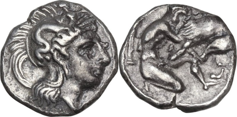Greek Italy. Southern Apulia, Tarentum. AR Diobol, circa 325-280 BC. Obv. Head o...