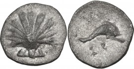 Greek Italy. Southern Apulia, Tarentum. AR Litra, c. 325-280 BC. Obv. Cockle shell. Rev. Dolphin right, EY below. Vlasto 1511; HN Italy 979. AR. 0.46 ...