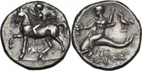 Greek Italy. Southern Apulia, Tarentum. AR Stater, c. 272-240 BC. Obv. Youth on horseback left, placing wreath on horse's head; ΦΙΛΩ/ΤΑΣ in two lines ...