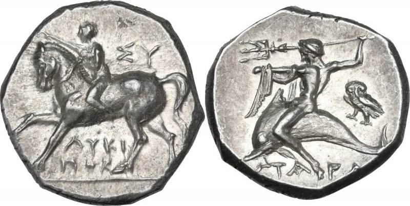 Greek Italy. Southern Apulia, Tarentum. AR Nomos, 272-240 BC. Obv. Youth on hors...