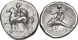 Greek Italy. Southern Apulia, Tarentum. AR Nomos, c. 272-240 BC. Reduced standard. Obv. Warrior, nude but for crested helmet, holding rein in right ha...