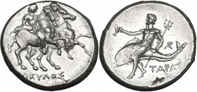 Greek Italy. Southern Apulia, Tarentum. AR Nomos, c. 272-235 BC. Obv. The Dioskouroi riding right; [Ν]ΙΚΥΛΟΣ below. Rev. Phalanthos astride dolphin le...