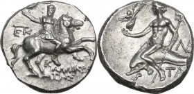 Greek Italy. Southern Apulia, Tarentum. AR Nomos, 240-228 BC. Obv. Warrior, holding Nike, who crowns him, on horse rearing right; monogram behind; KAΛ...