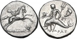 Greek Italy. Southern Apulia, Tarentum. AR Nomos, 240-228 BC. Obv. Youth, wearing short chiton, holding rein in right hand, left hand on mane, leaning...
