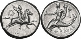 Greek Italy. Southern Apulia, Tarentum. AR Nomos, Reduced standard, c. 240-228 BC. Obv. Nude warrior, brandishing javelin, on horse galloping right; w...