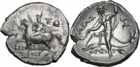 Greek Italy. Southern Apulia, Tarentum. AR Nomos, Xenokrates magistrate, c. 215-212 BC. Obv. Bearded strategos on horse walking left, wearing short tu...