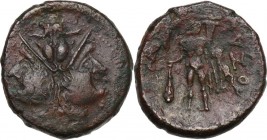 Greek Italy. Southern Apulia, Uxentum. AE 23 mm. (As), c. 125-90 BC. Obv. Janiform helmeted heads of Athena. Rev. OZAN. Herakles standing facing, hold...