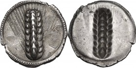 Greek Italy. Southern Lucania, Metapontum. AR Nomos, c. 540-510 BC. Obv. Ear of barley with eight grains; [MET]A in right field. Rev. Incuse ear of ba...