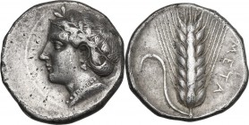 Greek Italy. Southern Lucania, Metapontum. AR Nomos, c. 375 BC. Obverse signed by the artist Aristoxenos. Obv. Head of Demeter left in necklace, tripl...