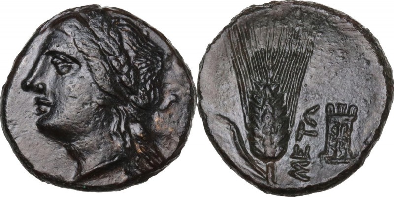 Greek Italy. Southern Lucania, Metapontum. AE 15.5 mm. Circa 300-250 BC. Obv. La...