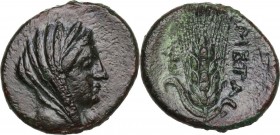 Greek Italy. Southern Lucania, Metapontum. AE 16.5 mm. Circa 300-250 BC. Obv. Veiled bust of Demeter right, wearing stephane. Rev. META. Ear of barley...