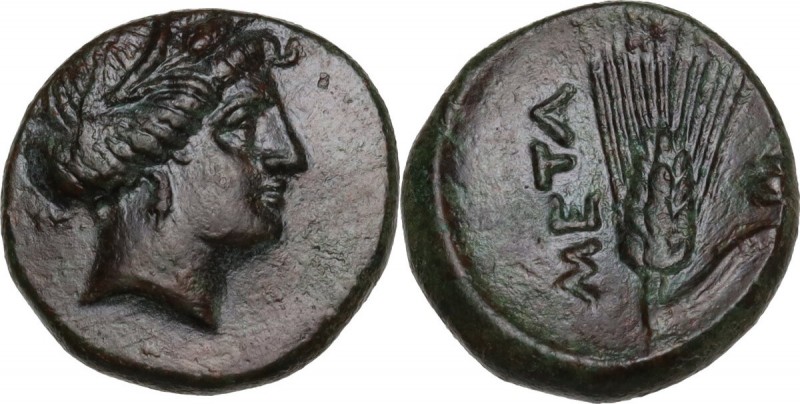 Greek Italy. Southern Lucania, Metapontum. AE 15 mm. Circa 300-250 BC. Obv. Wrea...