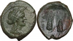 Greek Italy. Southern Lucania, Metapontum. AE 20 mm. c. 225-200 BC. Obv. Head of Demeter right, wearing wreath of barley ears. Rev. META. Two ears of ...