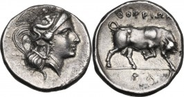 Greek Italy. Southern Lucania, Thurium. AR reduced Nomos, after 280 BC. Obv. Head of Athena right, wearing crested Attic helmet decorated with Scylla....