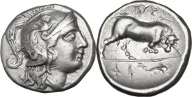 Greek Italy. Southern Lucania, Thurium. AR reduced Nomos, after 280 BC. Obv. Head of Athena right, wearing Attic helmet decorated with hippocamp. Rev....