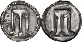 Greek Italy. Bruttium, Kroton. AR Stater, c. 530-500 BC. Obv. QPO. Tripod, legs surmounted by wreaths and terminating in lion's feet; two serpents ris...
