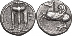 Greek Italy. Bruttium, Kroton. AR Triobol. c. 525-425 BC. Obv. QRO.Tripod with legs terminating in lion's feet. Rev. Pegasos flying left. SNG ANS 323-...