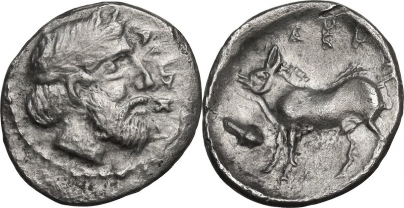 Sicily. Abakainon. AR Litra, c. 420 BC. Obv. Laureate and bearded male head righ...