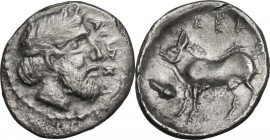 Sicily. Abakainon. AR Litra, c. 420 BC. Obv. Laureate and bearded male head right; before, ABAK. Rev. AINI. Boar standing left; before, acorn. HGC 2 1...