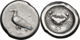 Sicily. Akragas. AR Didrachm, c. 495-480/78 BC. Obv. [ΑΚΡΑ] Eagle standing left with folded wings. Rev. Crab; below, crestless Corinthian helmet left;...