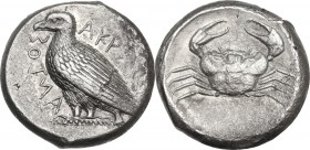 Sicily. Akragas. AR Tetradrachm c. 470-450 BC. Obv. Eagle standing left; AKPAC-ANTOΣ around. Rev. Crab within shallow incuse circle. SNG ANS 979-81; H...