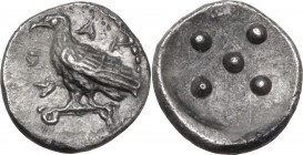 Sicily. Akragas. AR Pentonkion, c. 470-420 BC. Obv. AKPA. Sea eagle standing left, with closed wings, on Ionic capital. Rev. Five pellets. SNG ANS 996...